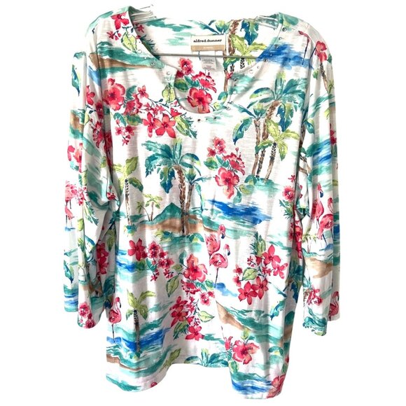 Alfred Dunner Woman 1X Floral & Flamingo Print 3/4 Sleeve Top Beaded Trim Blouse - Picture 1 of 5